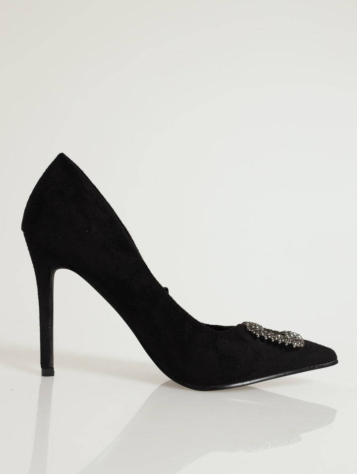 Pointed Court Heel With Brooch - Black