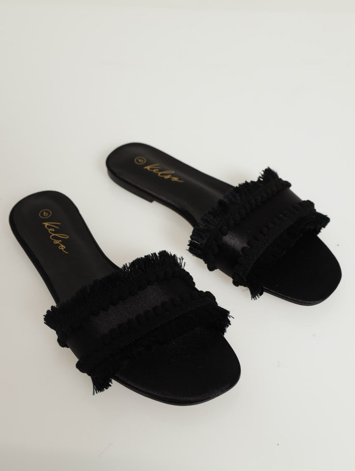 Pom Pom With Fringe Detail Mule Flat Sandal - Black