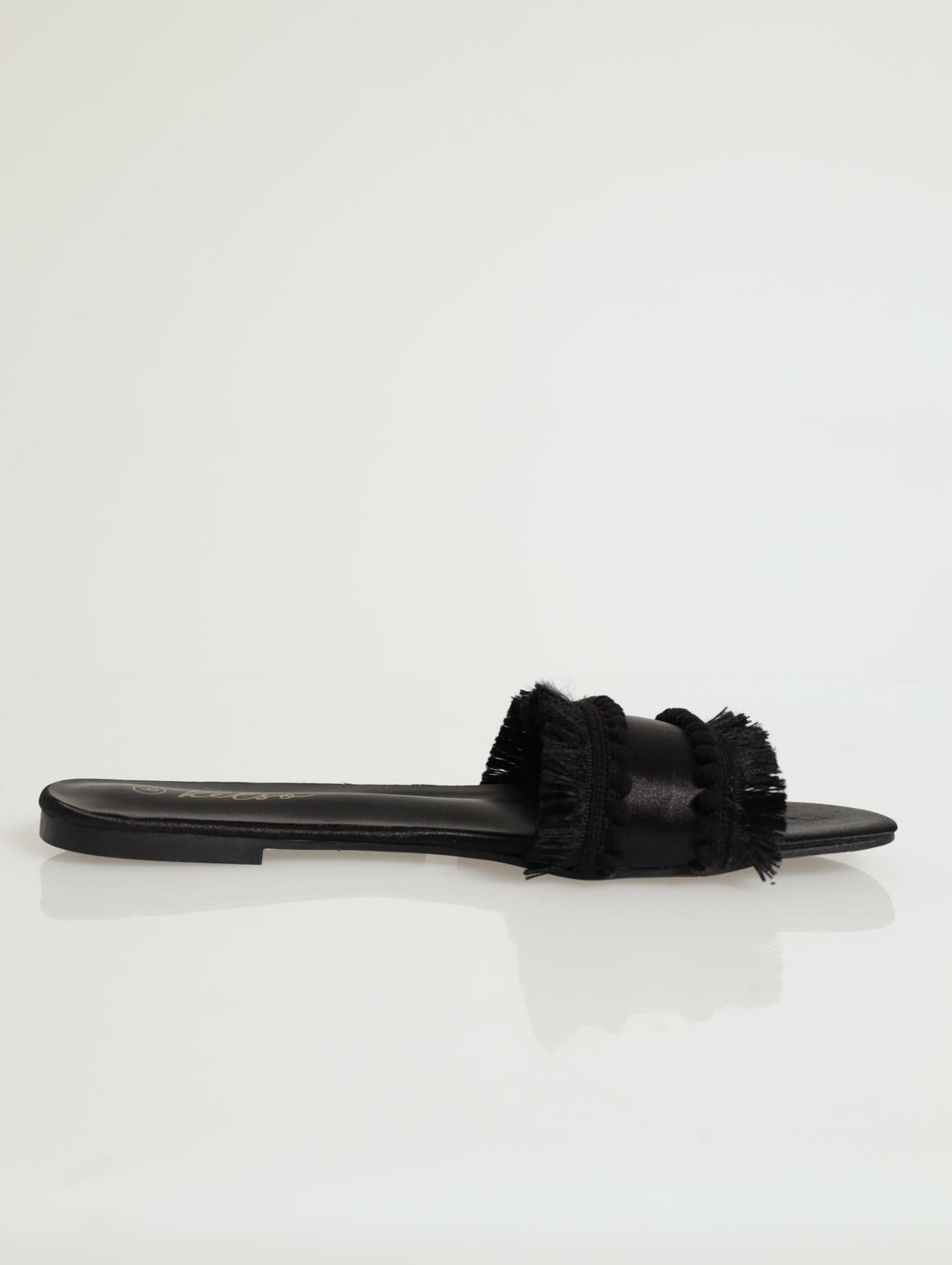 Pom Pom With Fringe Detail Mule Flat Sandal - Black