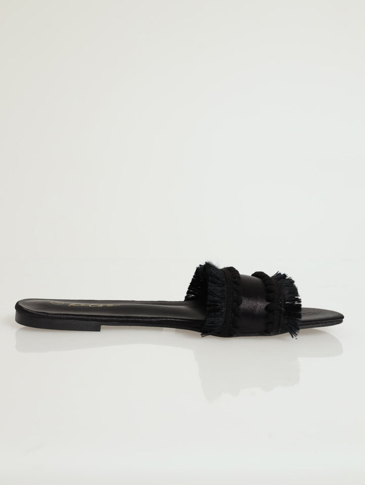 Pom Pom With Fringe Detail Mule Flat Sandal - Black
