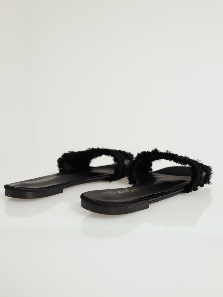 Pom Pom With Fringe Detail Mule Flat Sandal - Black