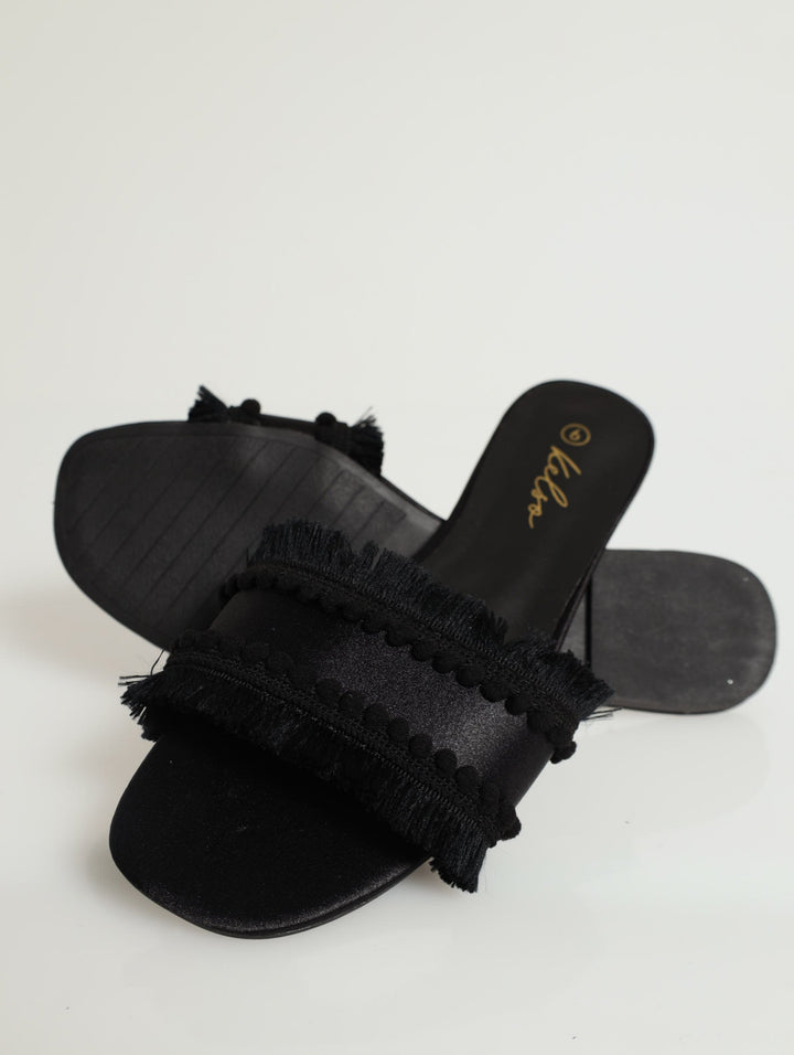 Pom Pom With Fringe Detail Mule Flat Sandal - Black