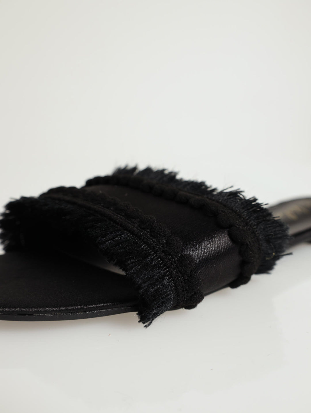 Pom Pom With Fringe Detail Mule Flat Sandal - Black