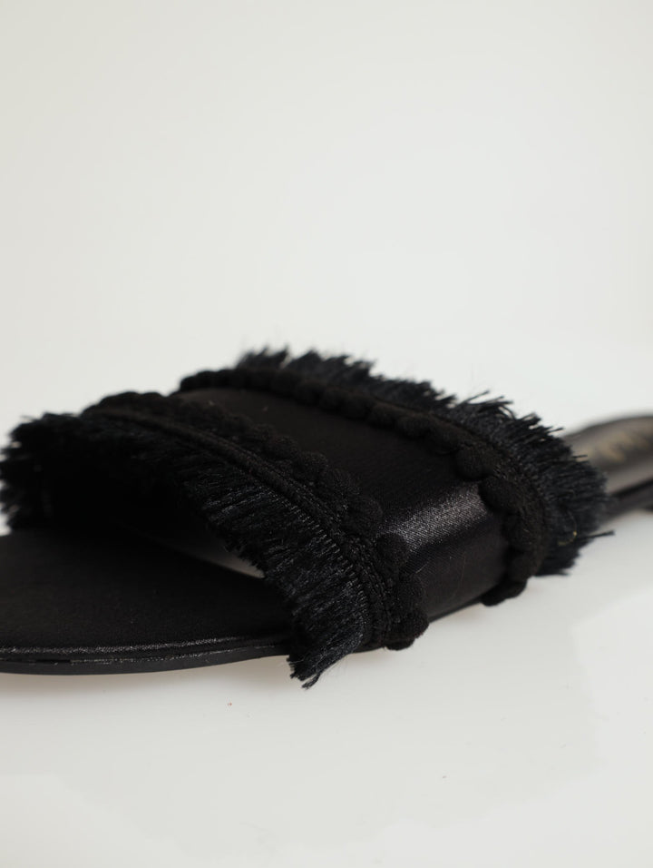 Pom Pom With Fringe Detail Mule Flat Sandal - Black