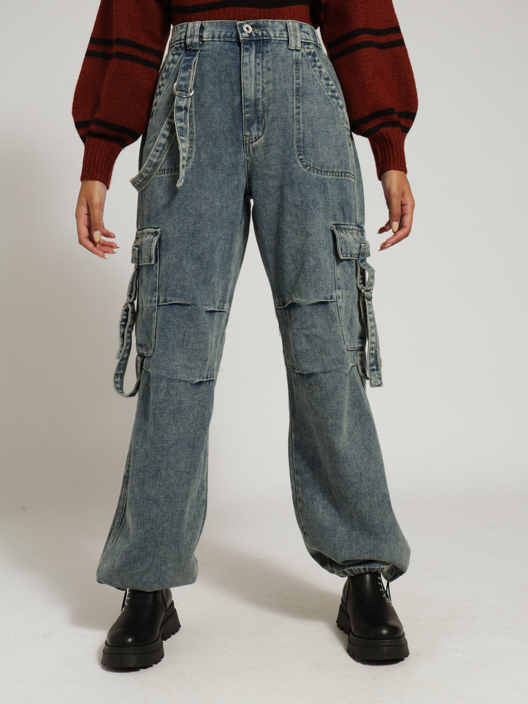 Strap Cargo Jean - Dark Wash/Yellow