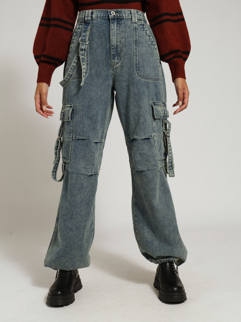 Strap Cargo Jean - Dark Wash/Yellow