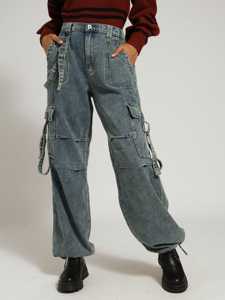 Strap Cargo Jean - Dark Wash/Yellow