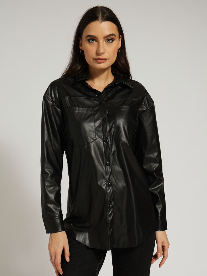 Long Sleeve Curved Hem Pu Shacket - Black