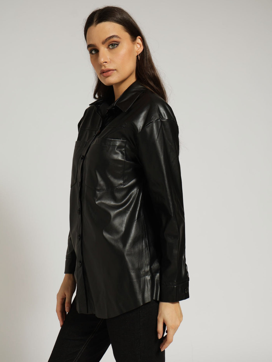 Long Sleeve Curved Hem Pu Shacket - Black