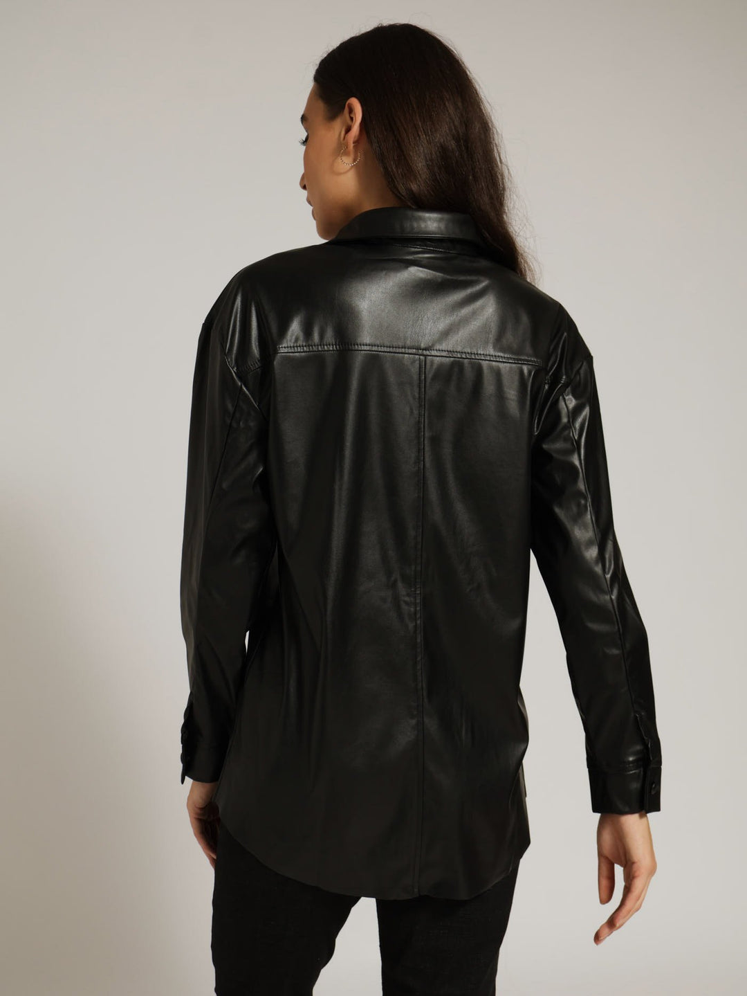 Long Sleeve Curved Hem Pu Shacket - Black