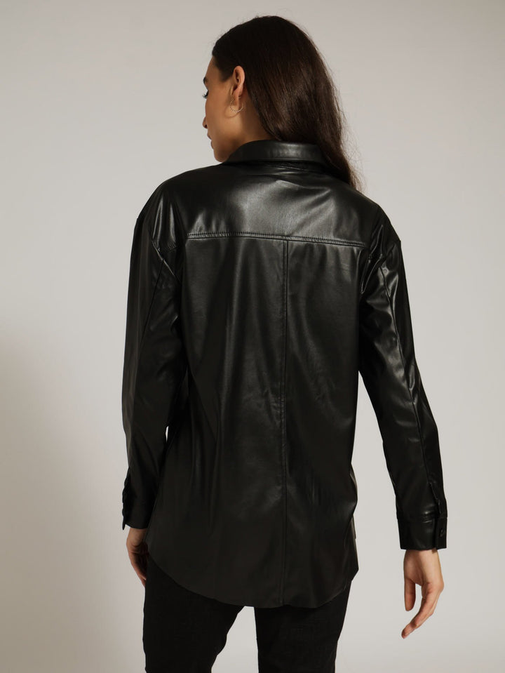 Long Sleeve Curved Hem Pu Shacket - Black