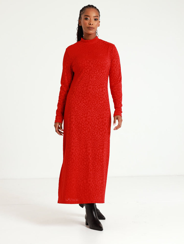 Long Sleeve Turtle Knit Maxi Dress - Red