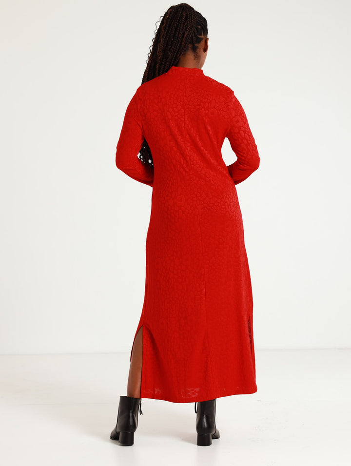 Long Sleeve Turtle Knit Maxi Dress - Red