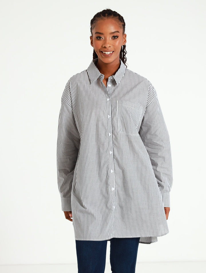 Long Sleeve Oversized Stripe Shirt - Navy/White