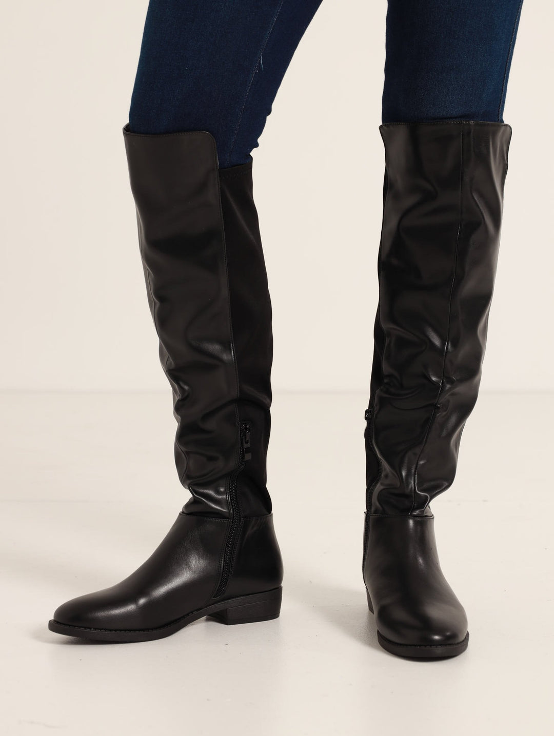 Multi-Fabric Flat Knee High Boot - Black