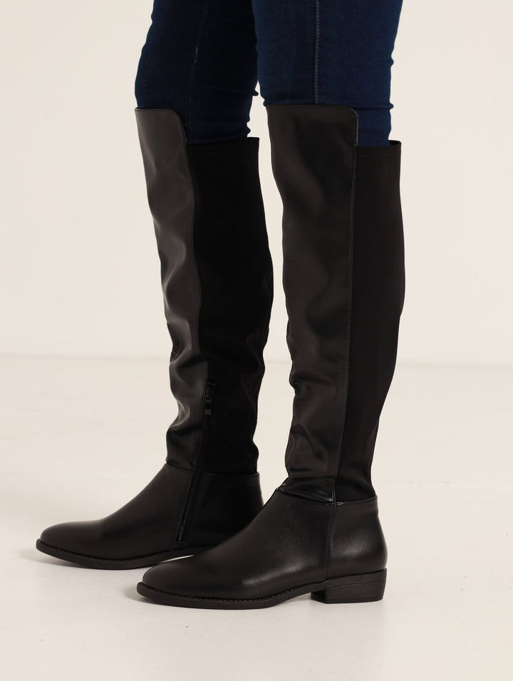 Multi-Fabric Flat Knee High Boot - Black