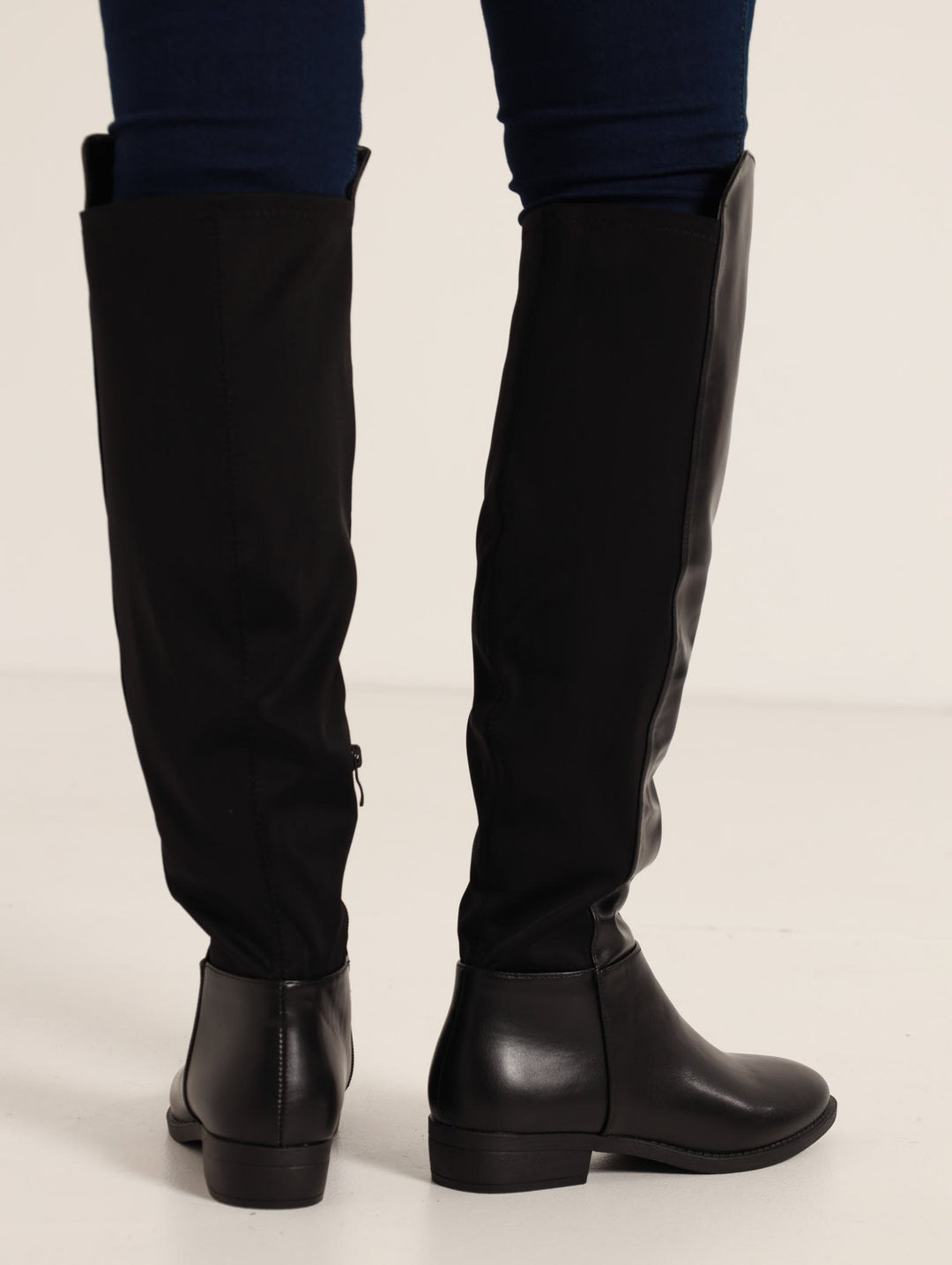 Multi-Fabric Flat Knee High Boot - Black