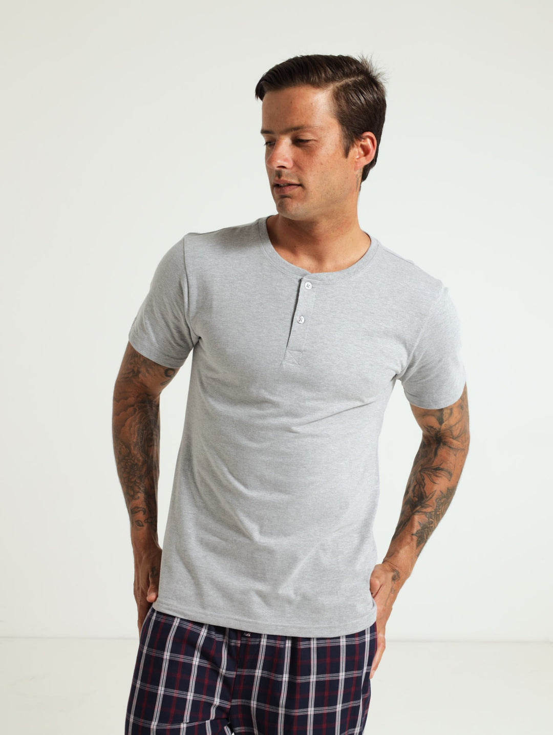 Men's Short Sleeve Henley Sleepwear Top - Grey Melange