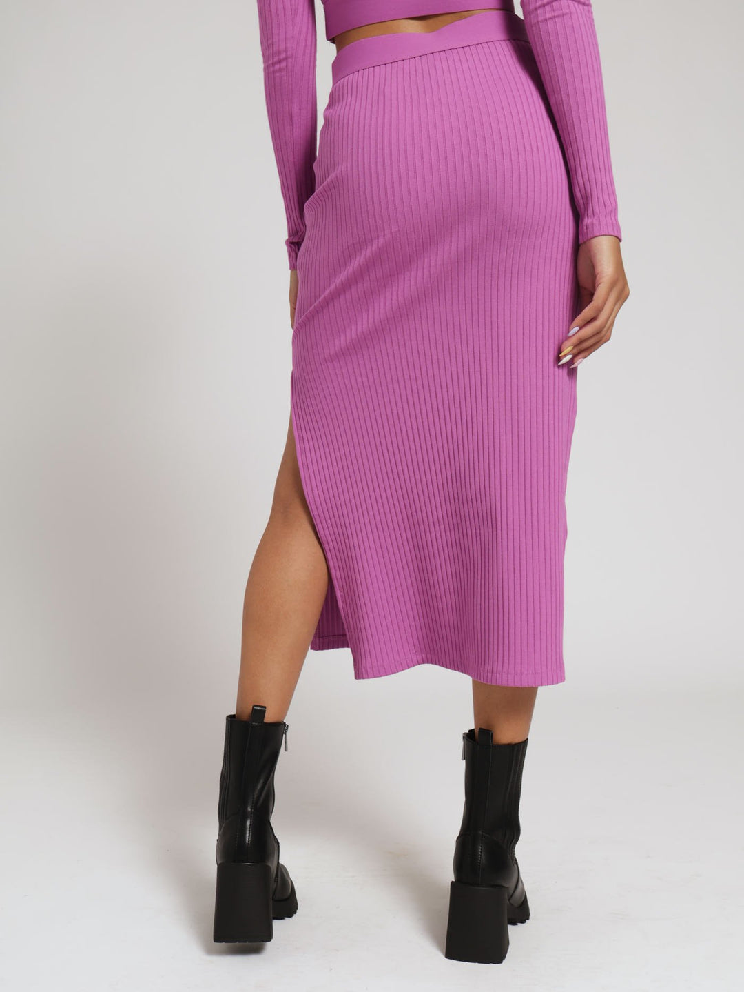 Elena High Waisted Rib Bodycon Midi Skirt - Pink