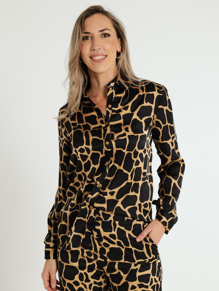 Satin Giraffe Print Shirt - Black/Beige