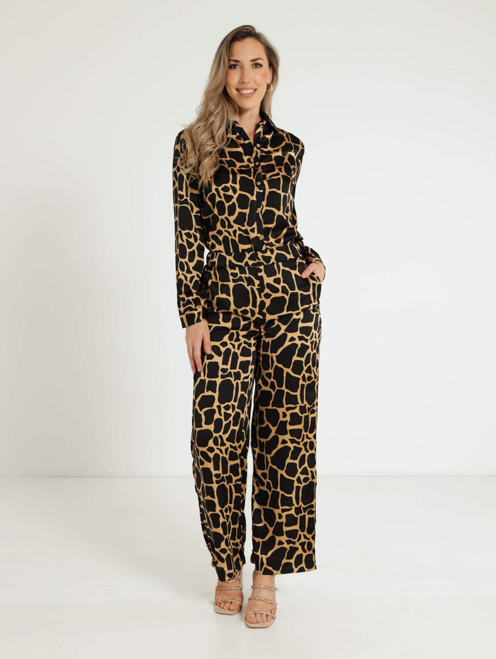Satin Giraffe Print Wide Leg Pants - Black/Beige