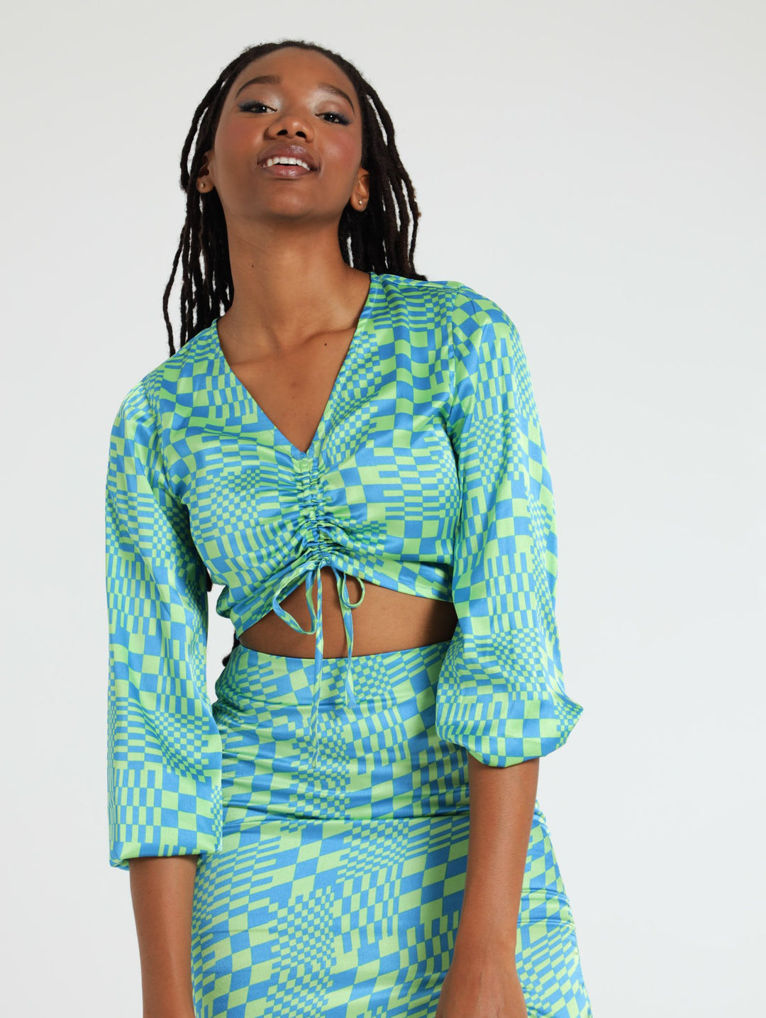 Ladies Check Printed Satin Hanky Top - Blue