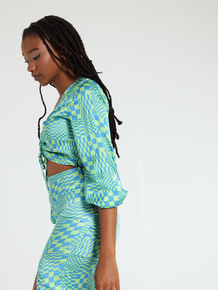 Ladies Check Printed Satin Hanky Top - Blue