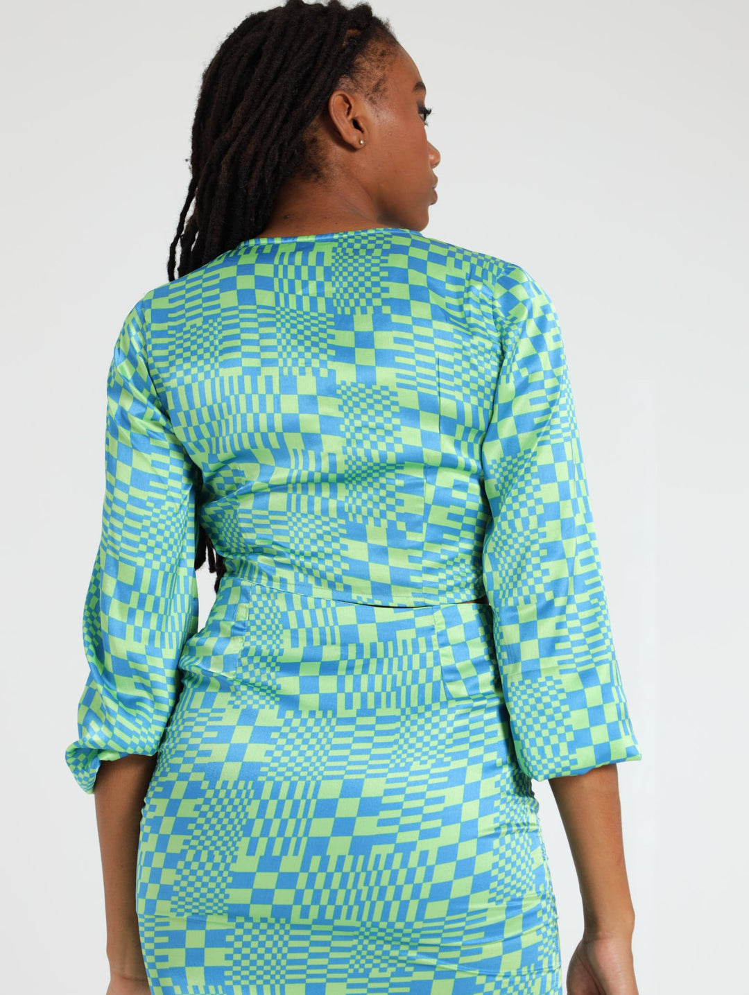 Ladies Check Printed Satin Hanky Top - Blue