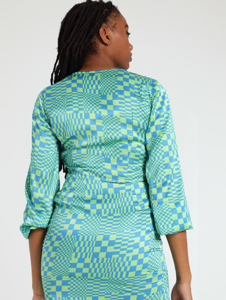 Ladies Check Printed Satin Hanky Top - Blue