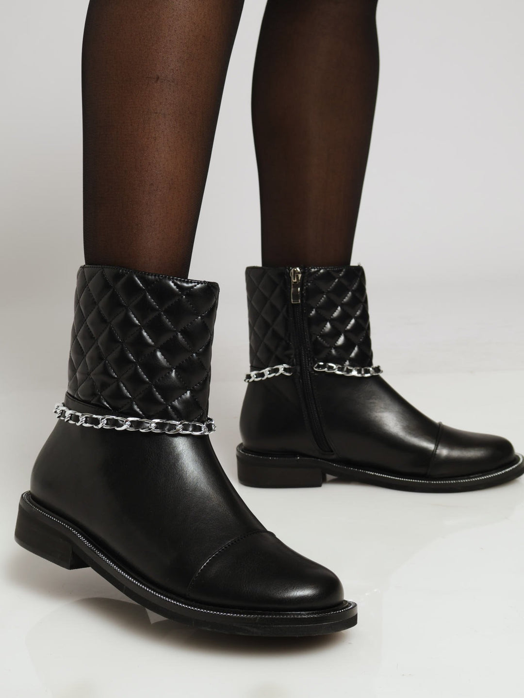 Quilt & Chain Ankle Boot - Black