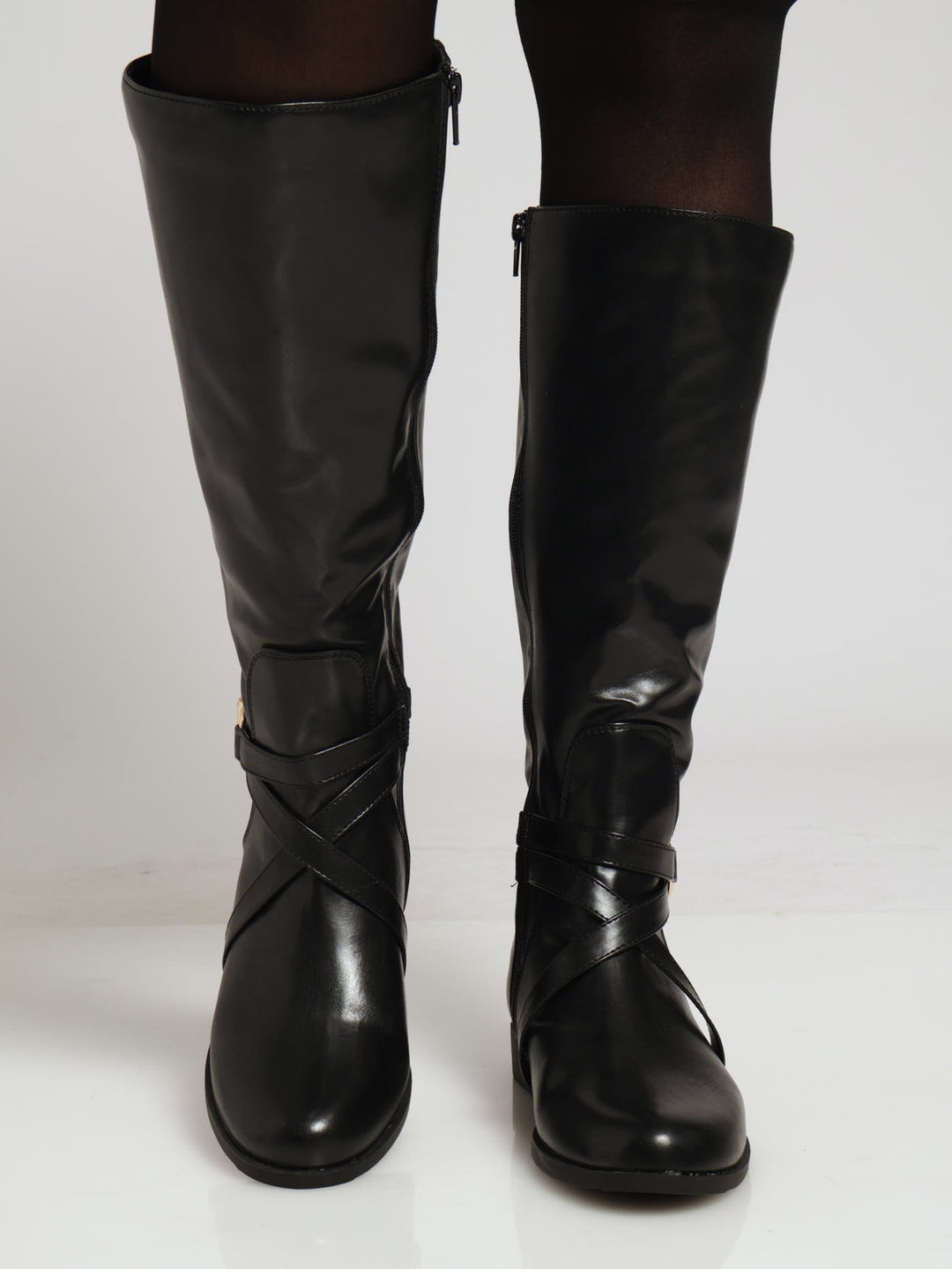 Long Rider Boot With Belt & Gold Trim - Black