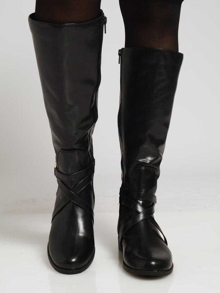 Long Rider Boot With Belt & Gold Trim - Black