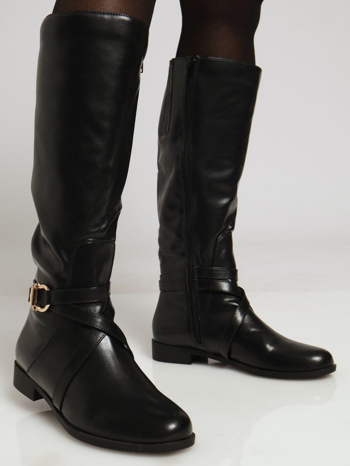 Long Rider Boot With Belt & Gold Trim - Black