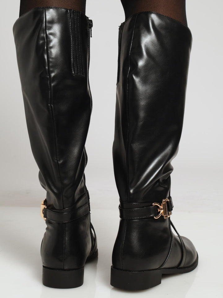 Long Rider Boot With Belt & Gold Trim - Black