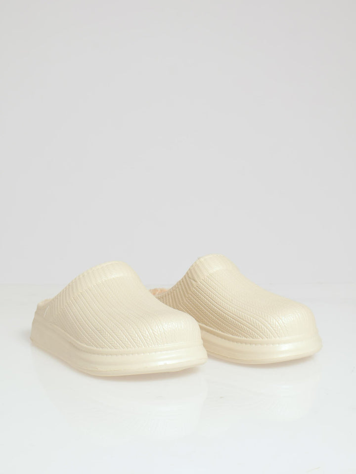 Open Back Clog Slipper With Fur Lining - Nude