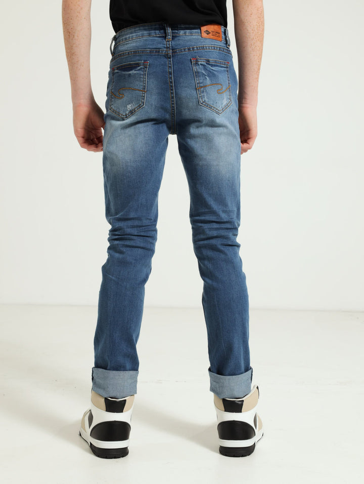 Boys Embossed Pocket Denim Jean - Mid Blue