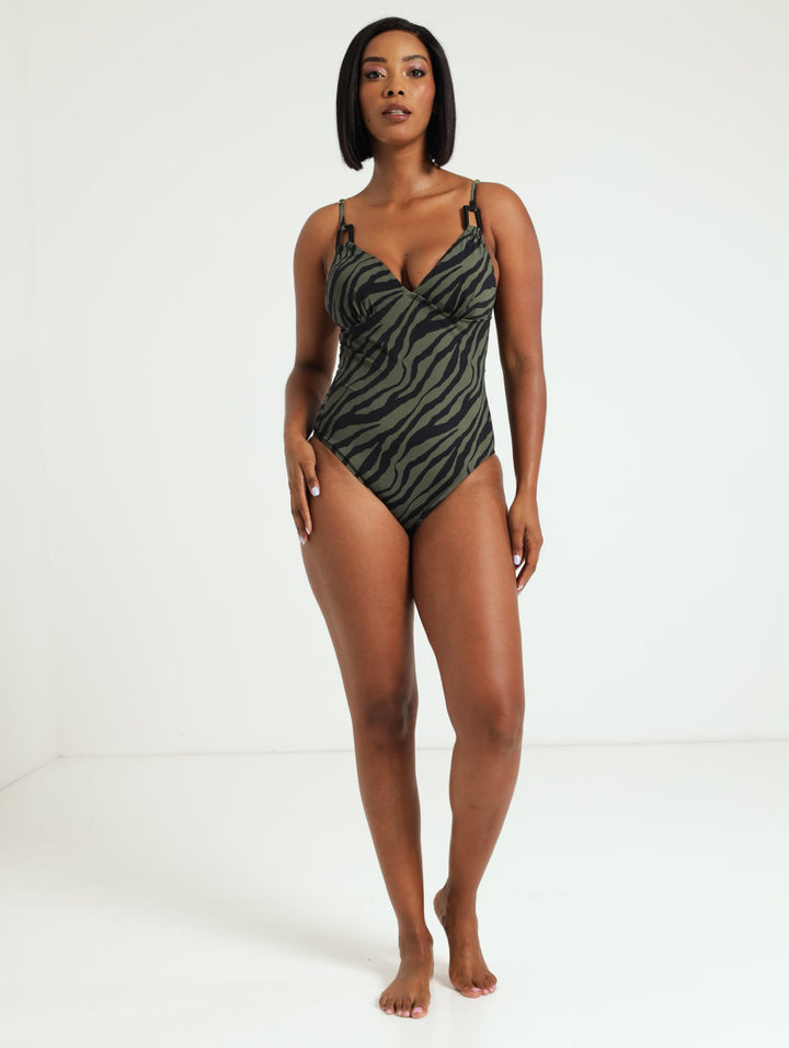 Zebra Printed 1 Piece Swimsuit - Green