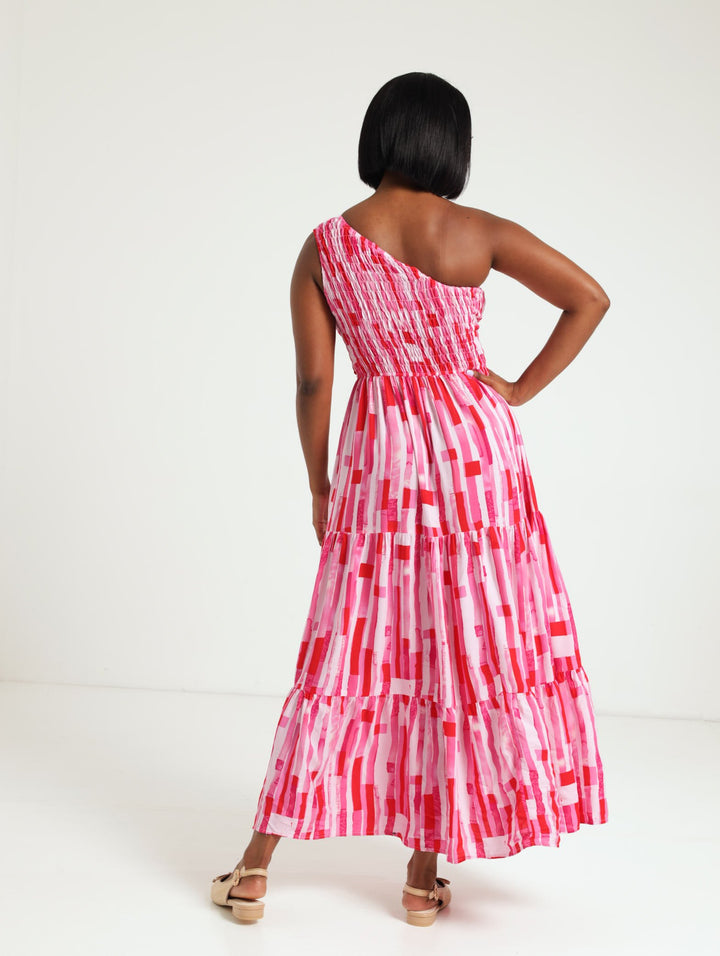 1 Shoulder Shirred Tiered Maxi Dress - Pink