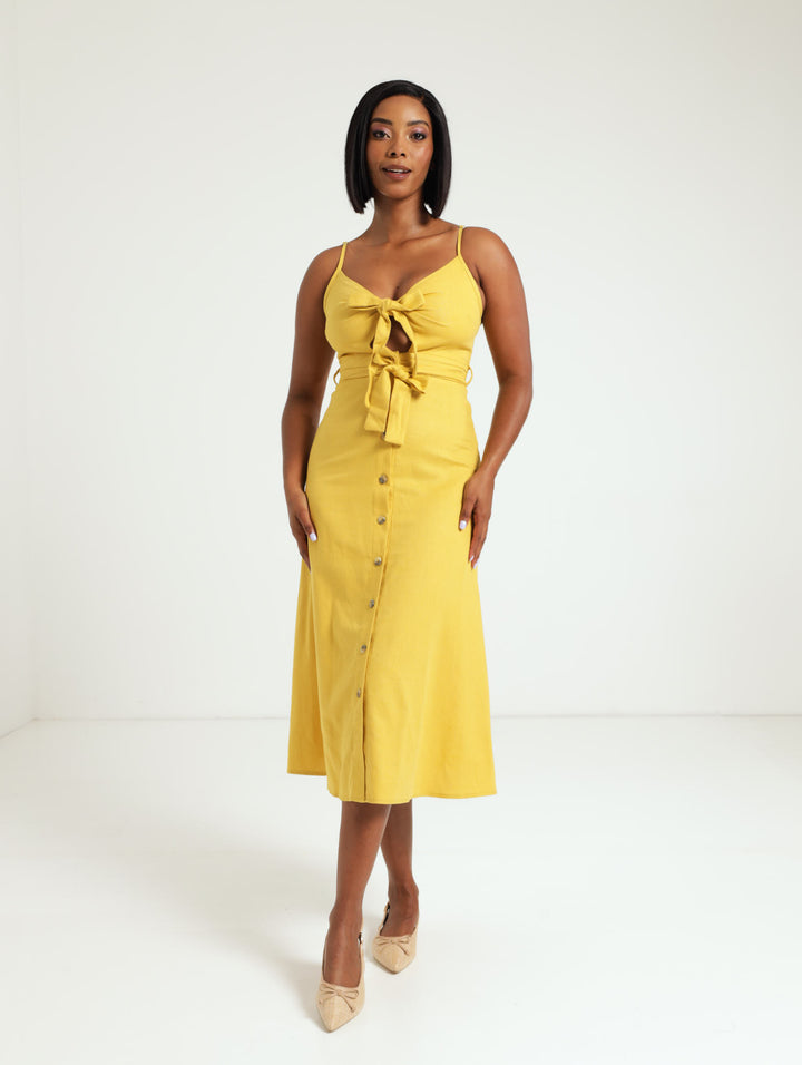 Strappy Tie Front Midi Dress - Ochre