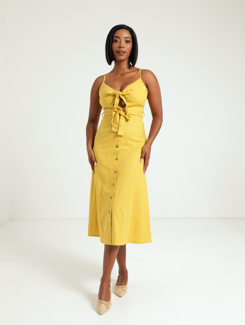 Strappy Tie Front Midi Dress - Ochre