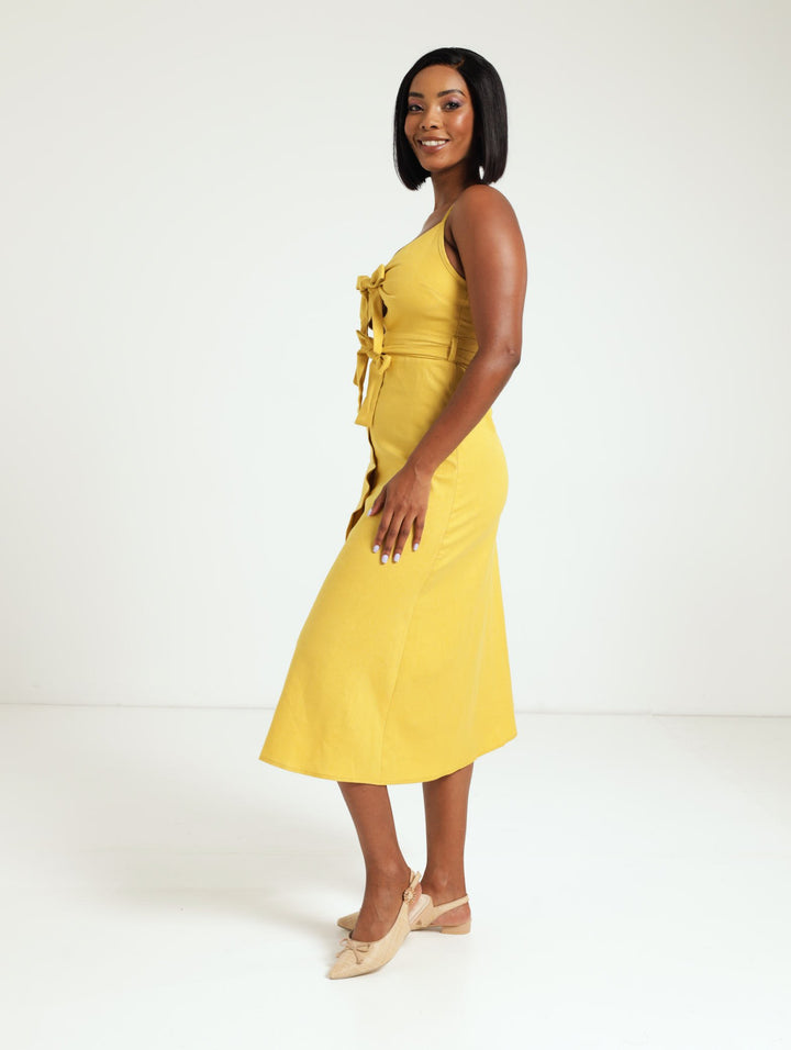 Strappy Tie Front Midi Dress - Ochre