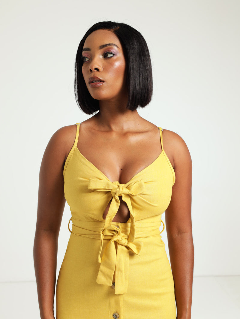 Strappy Tie Front Midi Dress - Ochre