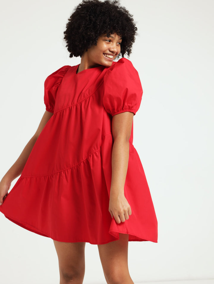 Girls Assymet Tier Dress - Red
