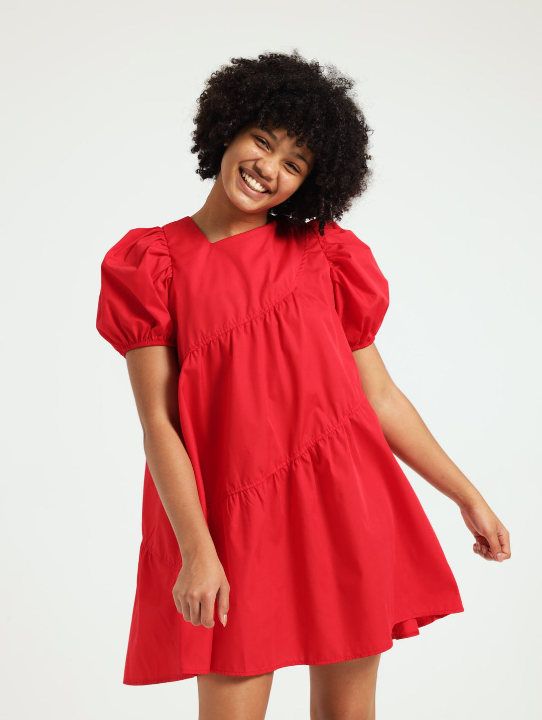 Girls Assymet Tier Dress - Red
