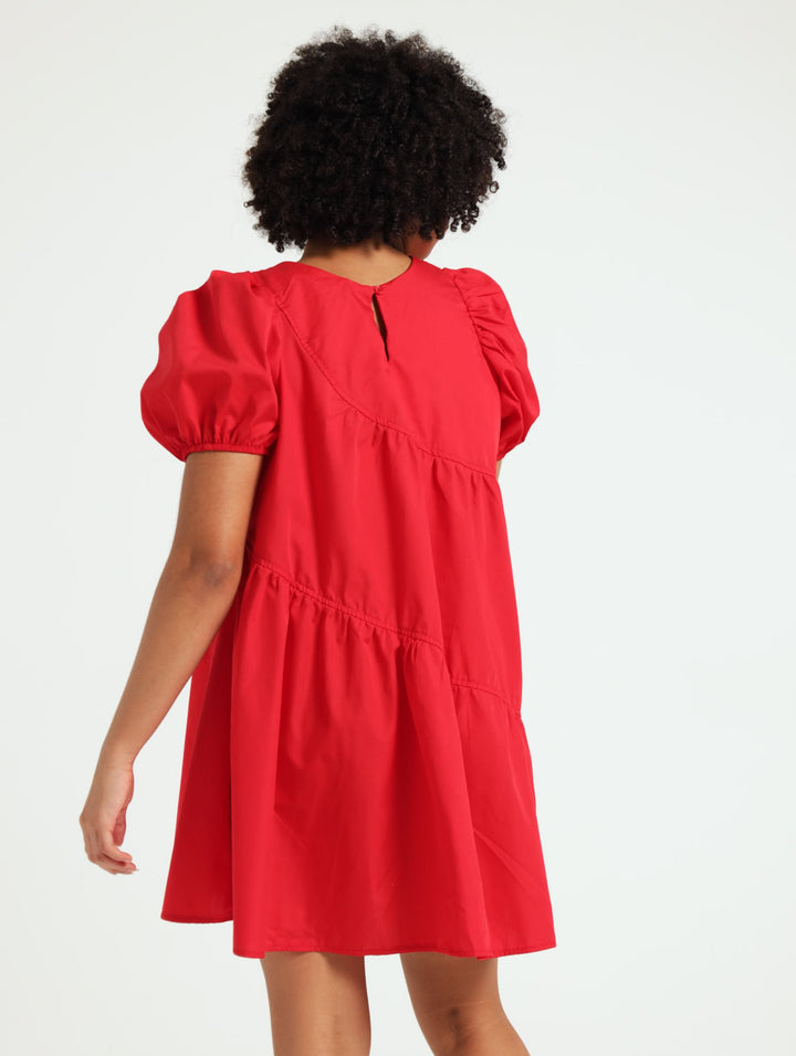 Girls Assymet Tier Dress - Red