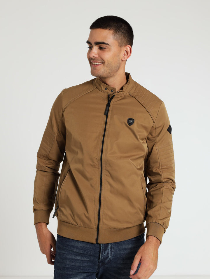 Manderin Collar Biker Jacket - Caramel