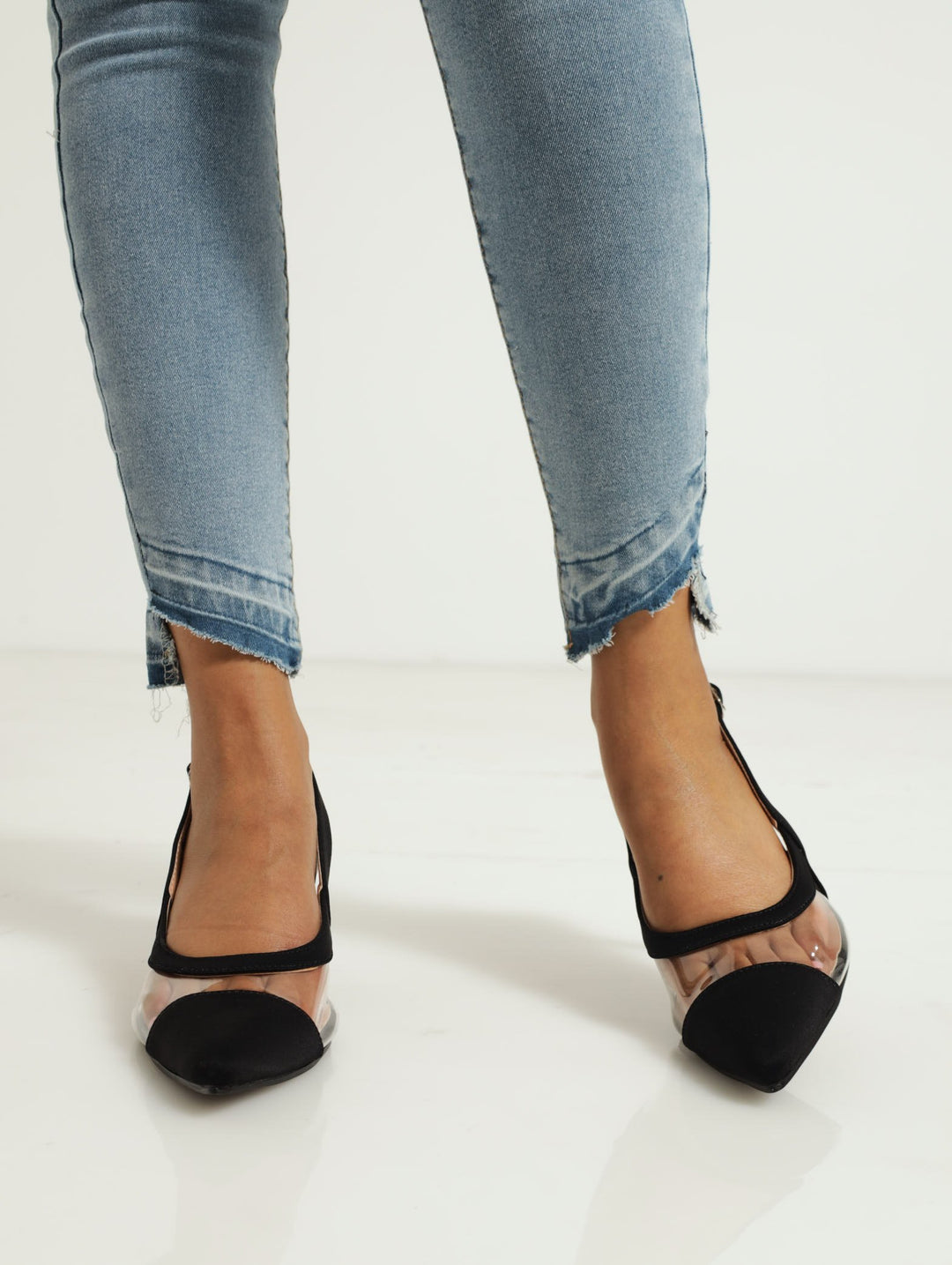 Vinyl Insert Pointed Slingback Kitten Heel - Black