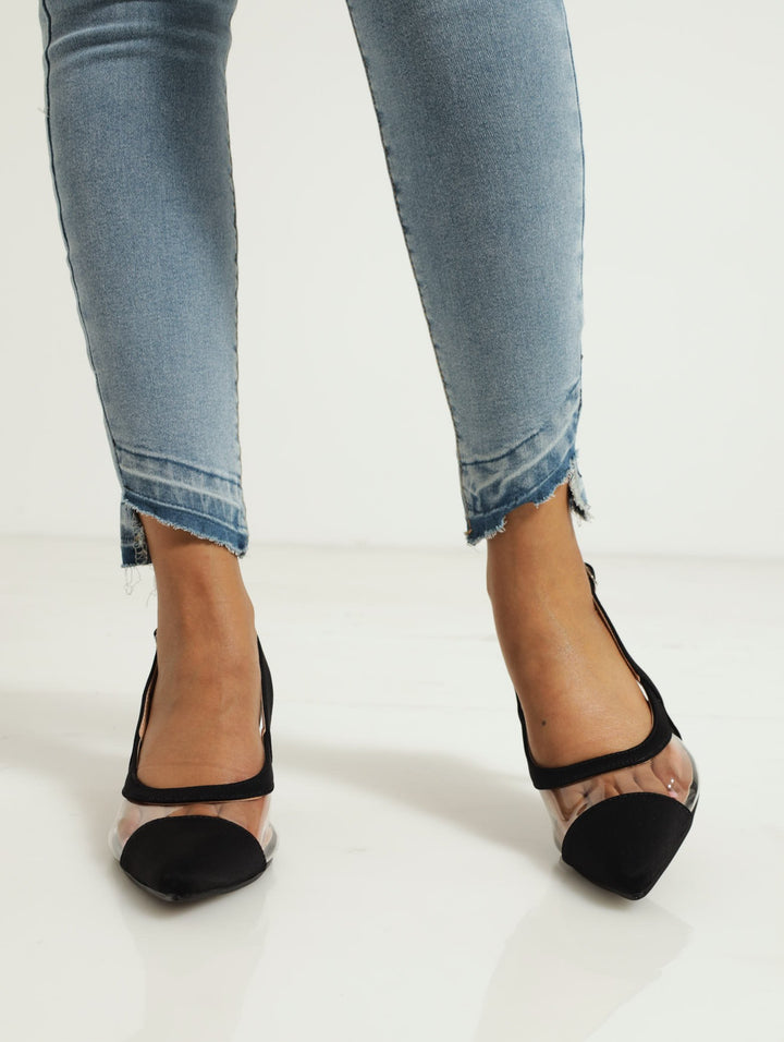 Vinyl Insert Pointed Slingback Kitten Heel - Black