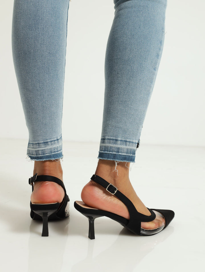 Vinyl Insert Pointed Slingback Kitten Heel - Black