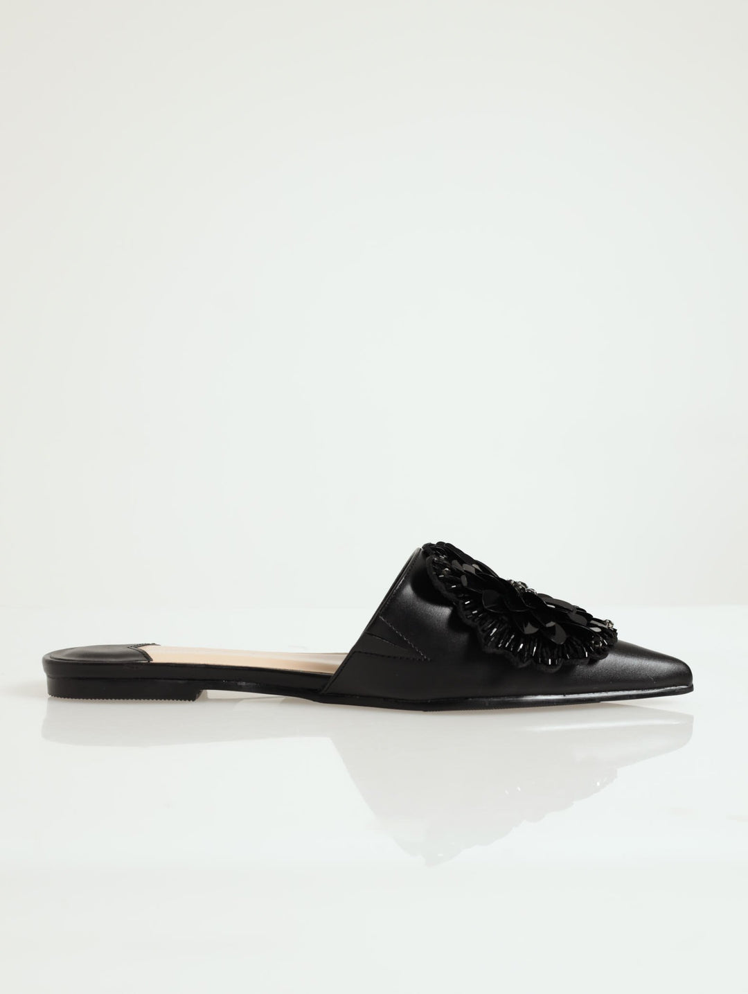 Briony Beaded Flower Flat Shoe - Black